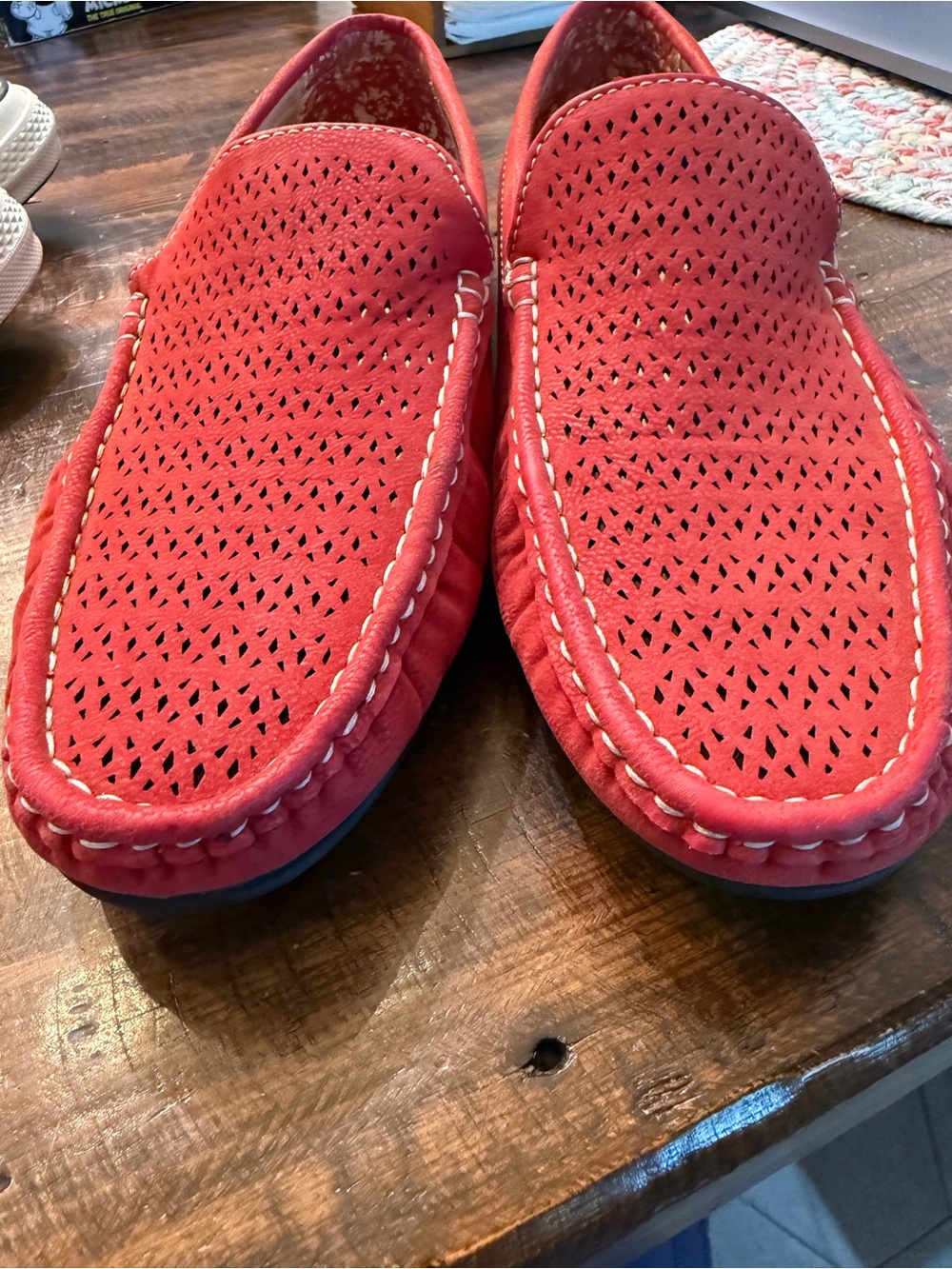 Red Perforated Slip-On Moccasin Loafers